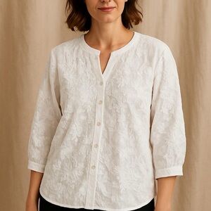 J. Jill | White Cotton Floral Embroidered Button Down Top, 3/4 Sleeves, Size M